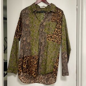 Men's Patchwork Casual Button Down Shirt - Green and Brown